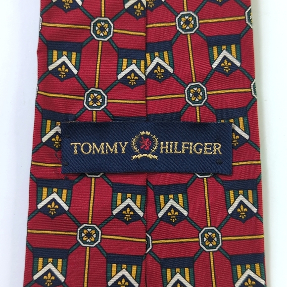Tommy Hilfiger 90's Vintage Crest Banner Printed Italian Silk Neck Tie Red Navy - Picture 8 of 10
